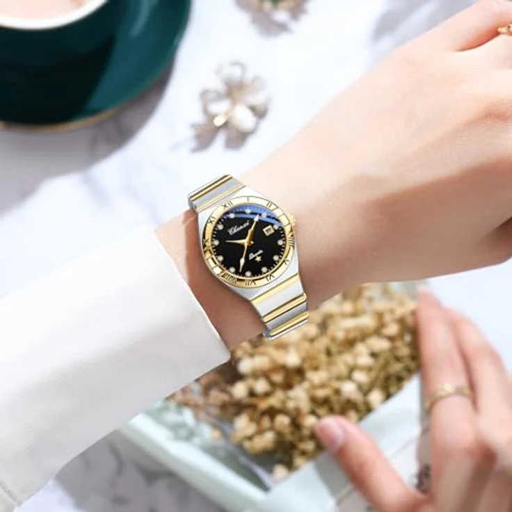 JewelryWe Damenuhr Edelstahl, 30m wasserdicht, Kalender Analog Quarz mit Römischen Ziffern und Strassskala, Schwarz rundes Zifferblatt, Gold/Silber Armband – Bild 2