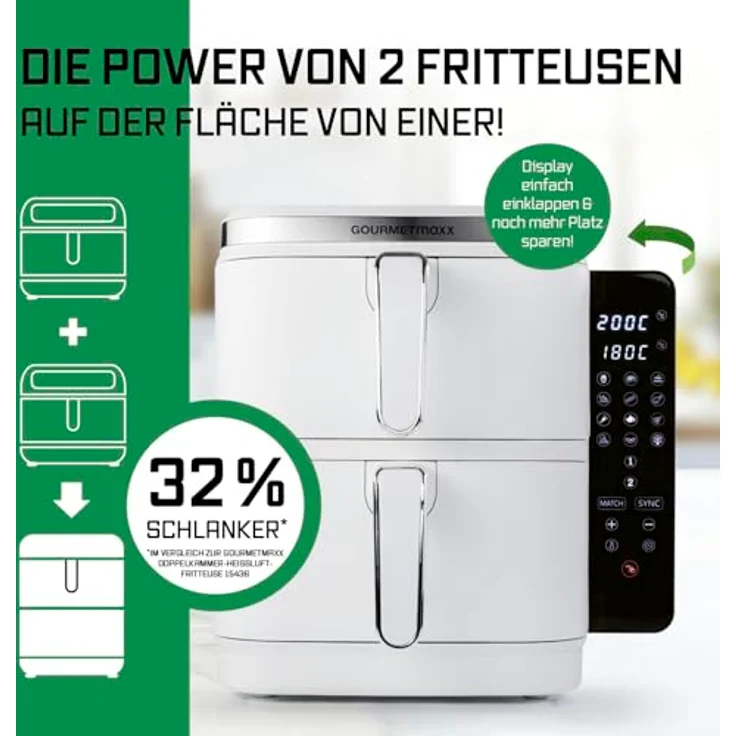 GOURMETmaxx FryUp Vertikale Doppelkammer Heißluftfritteuse, 10L Fassungsvermögen, klappbares Touchdisplay, 2800 W, 12 Kochprogramme – Bild 2