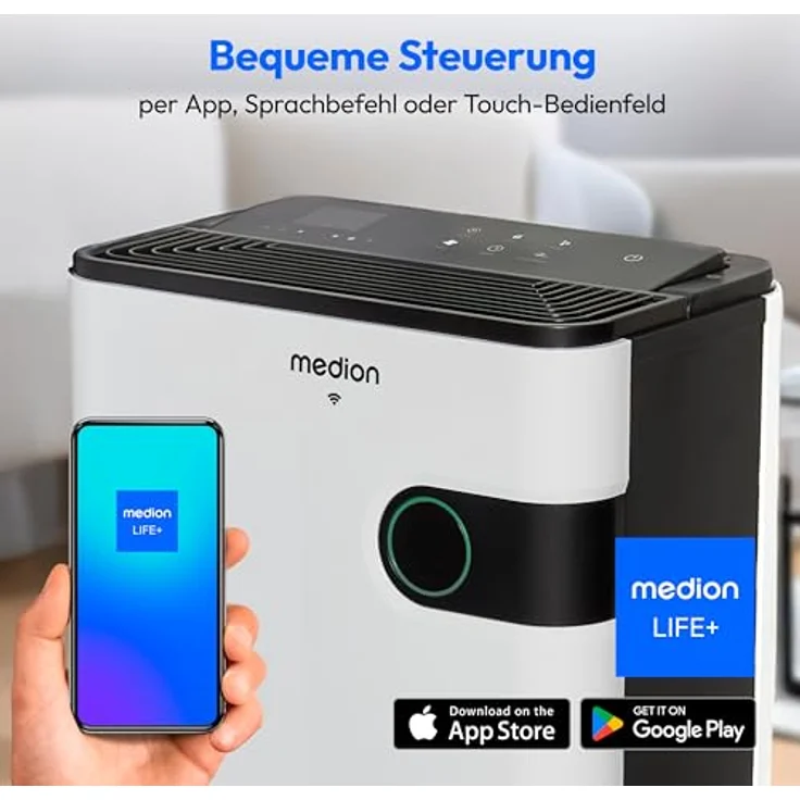 MEDION Luftentfeuchter mit App- und Sprachsteuerung (5L Wassertank, bis zu 40m², Entfeuchtungsleistung 24L/Tag, 280W max. Leistung, 2 Geschwindigkeitsstufen, Touch-Bedienung, MD 12044) – Bild 3