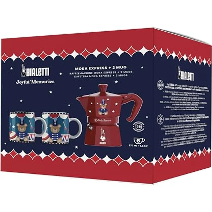 Bialetti Moka Express, Espressokocher für 6 Tassen, Aluminium und Porzellan, Mehrfarbig, inkl. 2 Tassen – Bild 2