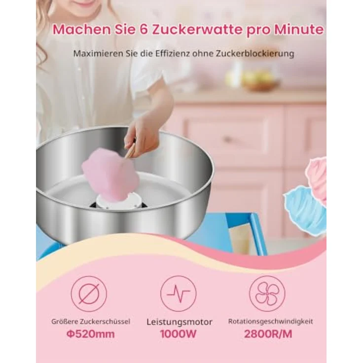 VEVOR elektrische Zuckerwattemaschine, kommerzielles Gerät mit 1000 W, 52 cm Edelstahlschüssel, Wagen, Zuckerschaufel & Schublade, blau – Bild 2