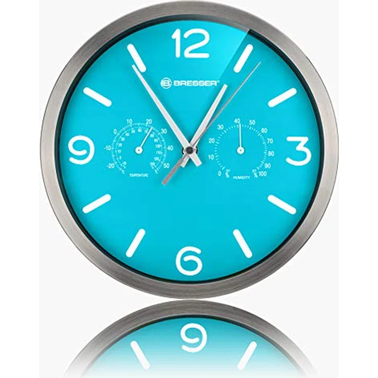 Bresser Funkuhr Wanduhr MyTime ND Thermo-Hygro mit geräuschlosem Funkuhrwerk, Edelstahlrahmen und Anzeige für Temperatur und Luftfeuchtigkeit, hellblau, 250 x 250 mm – Bild 5