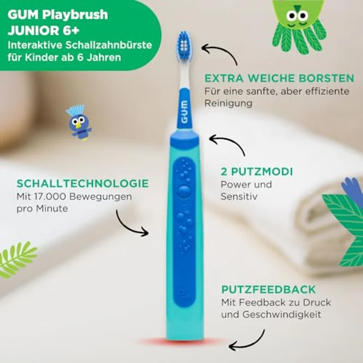 GUM Playbrush JUNIOR 6+ elektrische Zahnbürste | Interaktive Spiel-App | 2 Putzmodi | Extra weiche Borsten | 8 Wochen Akku | Timer | 1x Schallzahnbürste, wiederaufladbar | 2 extra Bürstenköpfe | Blau – Bild 2