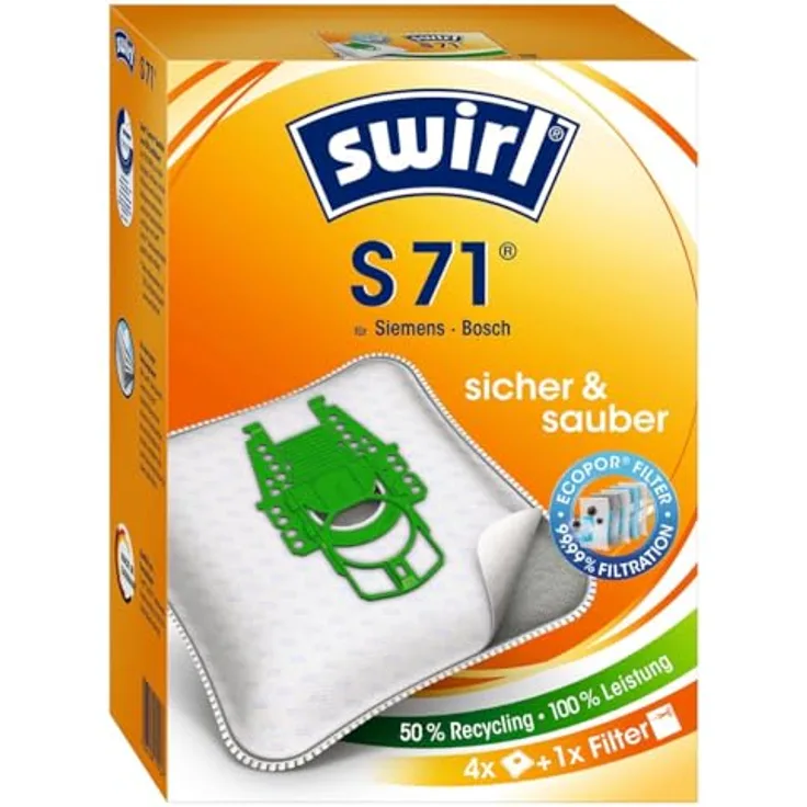 Swirl S71 AirSpace, MicroPor® Plus Green Staubsaugerbeutel, 4er Pack, anti-allergen, ressourcenschonend, Made in Germany