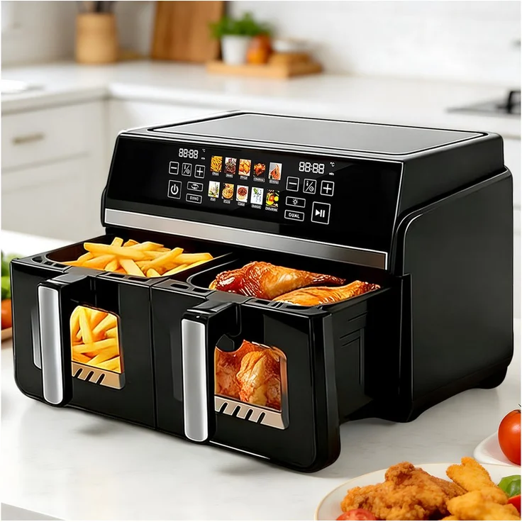 Nettlife Heißluftfritteuse Dual Zone 13-in-1, 10/11L, 2200 W, automatische Abschaltung, Temperatur- und Timersteuerung, spülmaschinengeeignete Körbe
