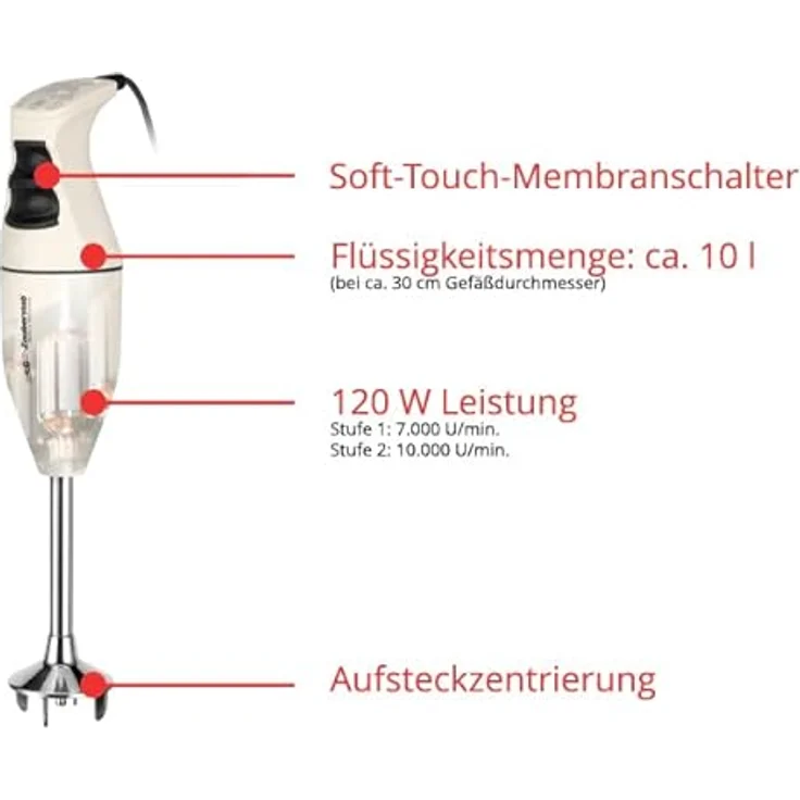 ESGE Zauberstab M100 Exklusiv, Stabmixer Set mit AC-Motor, 2 Stufen 10.000 U/min, Multimesser & Wandhalter, Made in Switzerland, Creme – Bild 2
