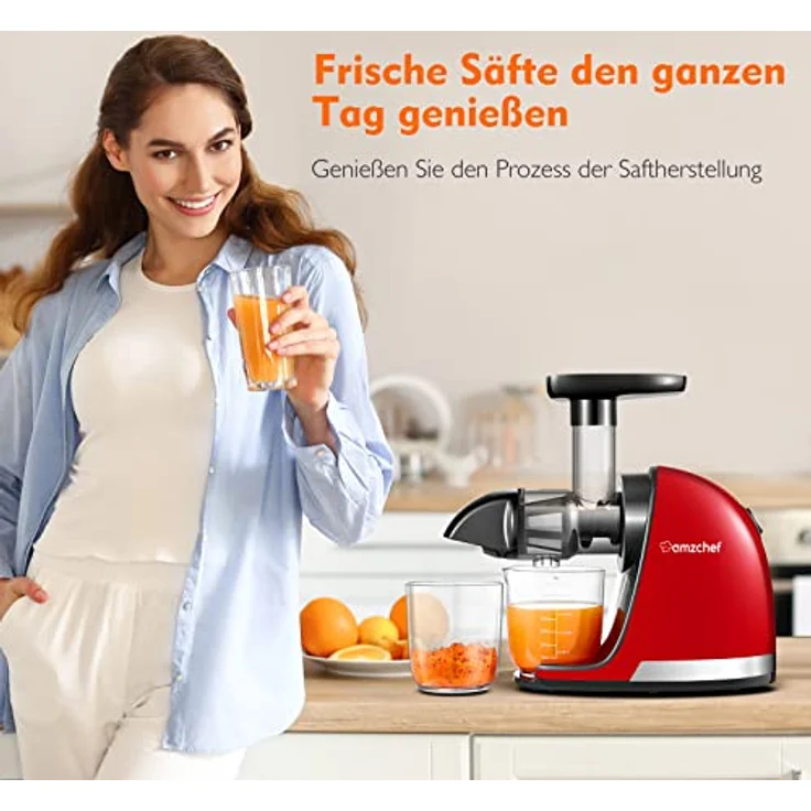AMZCHEF Entsafter Gemüse und Obst Testsieger - Slow Juicer mit Rückwärts-Kau-Funktion - Zartes Zerkleinern ohne Filtern - Elektrische Saftpresse mit Bürste und 2 Tassen - Kirschenrot – Bild 2