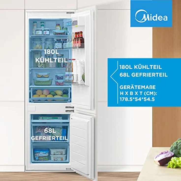 Midea KG178SFNF Einbau Kühl-/Gefrierkombination, NoFrost, Digital Control, mit Schlepptür, LED Beleuchtung, 178,5 cm hoch, 180L Kühlen, 68L Gefrieren, Weiß – Bild 5