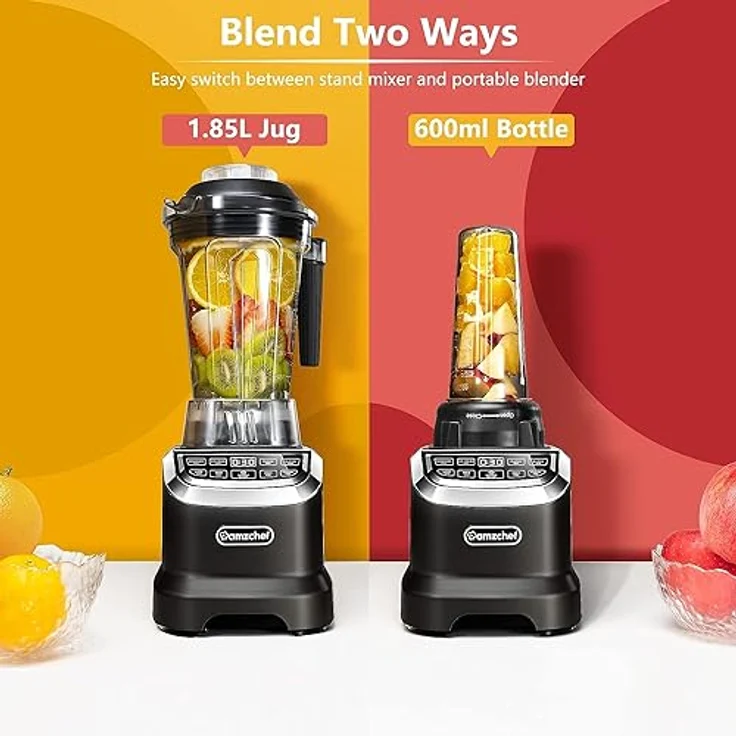 AMZCHEF Mixer Smoothie Maker - 2000W Blender - Mixer Hochleistungsmixer mit LED Zeitanzeige - 6 Pro-Scharfe 3D Klingen - 22000 U/Min Standmixer - 1,85 Liter Flasche und 600ml Tragbare Flasche – Bild 2