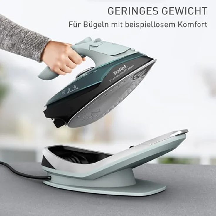 Tefal Freemove Power FV6670E0, kabelloses Dampfbügeleisen mit 2600 Watt, 40 g/Min. Dampfmenge, 220 g/Min. Dampfstoß, 250 ml Wassertank, Auto-Off und kratzfester Keramik-Bügelsohle, Eukalyptus – Bild 5