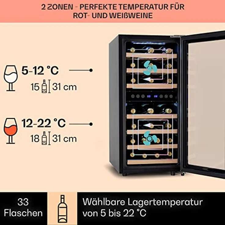 Klarstein Vinamour 33 Duo Weinkühlschrank, freistehend, silber, 33 Flaschen, 2 Temperaturzonen, 5-18°C, Touch, Energieklasse F – Bild 4
