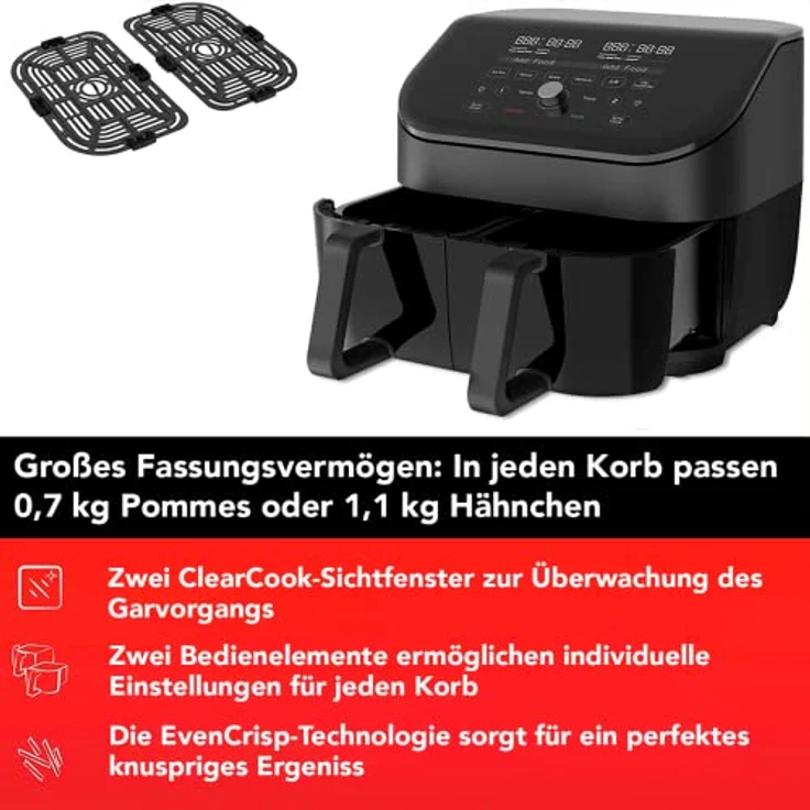Instant Vortex Plus Doppelkorb mit ClearCook - 7.6L Digitale Heißluftfritteuse, Schwarz, 8-in-1 Smarte Programme - Fritieren, Backen,Braten, Grillen, Dehydrieren, Aufwärmen, XL Kapazität -1700W – Bild 3
