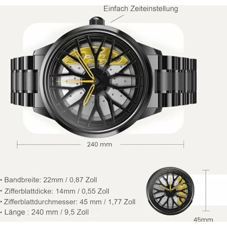 DriftElement Motorsport Felgenuhr Herren - Sportwagen Männer Armbanduhr im 3D Design der Sternspeichen M8 Felge aus Edelstahl - Custom Designer Uhr mit Mineralglas, glänzendes schwarzes Gehäuse, Japanisches Seiko Epson Y121 Quarzuhrwerk, 3 ATM Wasserdicht, Hochwertiges Edelstahl-Armband, Schmetterlingsverschluss, Mehrfarbig Zeiger – Bild 2