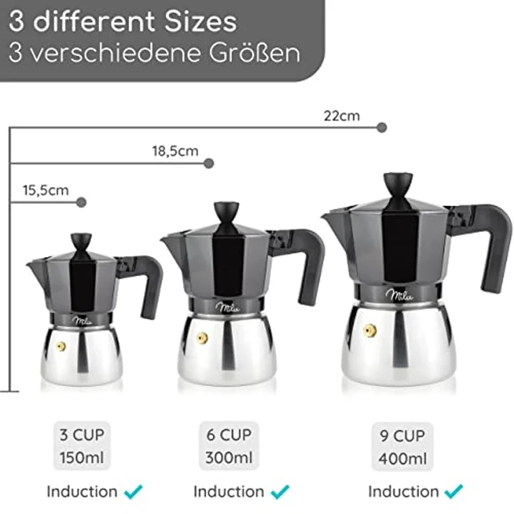 Milu Espressokocher Induktion geeignet, Aluminium Mokkakanne für 9 Tassen (400ml) mit Edelstahl, Set inkl. Löffel und Bürste, Schwarz – Bild 5