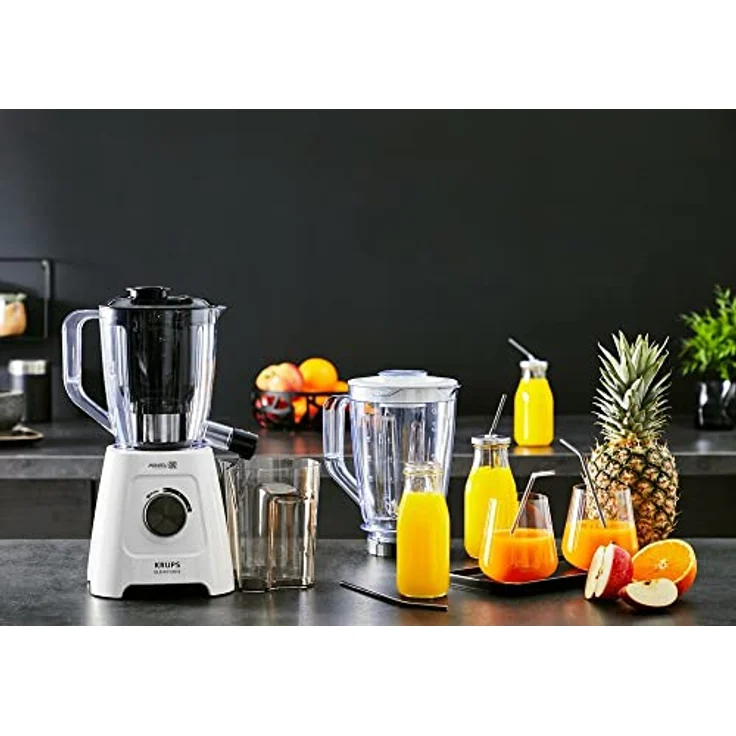 Krups KB42Q1 Blendforce 2in1 Standmixer, 600 Watt, 6 Messer Powelix-Technologie, 2 Geschwindigkeiten+Pulse, Ice Crush-Funktion, inklusive: Mixbehälter, Entsafterbehälter, Saftbehälter, Weiß-Grau – Bild 5
