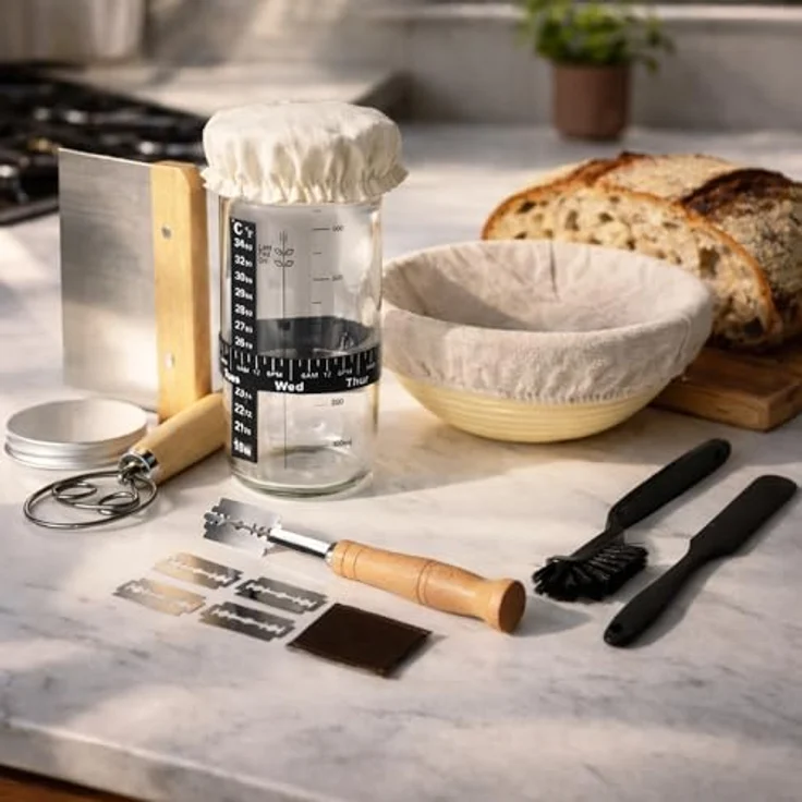 MikaMax Sauerteig Starter Set 10-teilig, Gärkorb Brot Set rund mit Teigbesen und Einschneideklinge, Einsteiger Set für Anfänger & Hobbybäcker – Bild 4