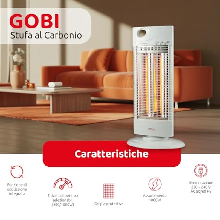 Melchioni Family Gobi Kohleofen 1000W, Heizgerät mit 2 Heizstufen und Oszillationsfunktion, Weiß – Bild 3