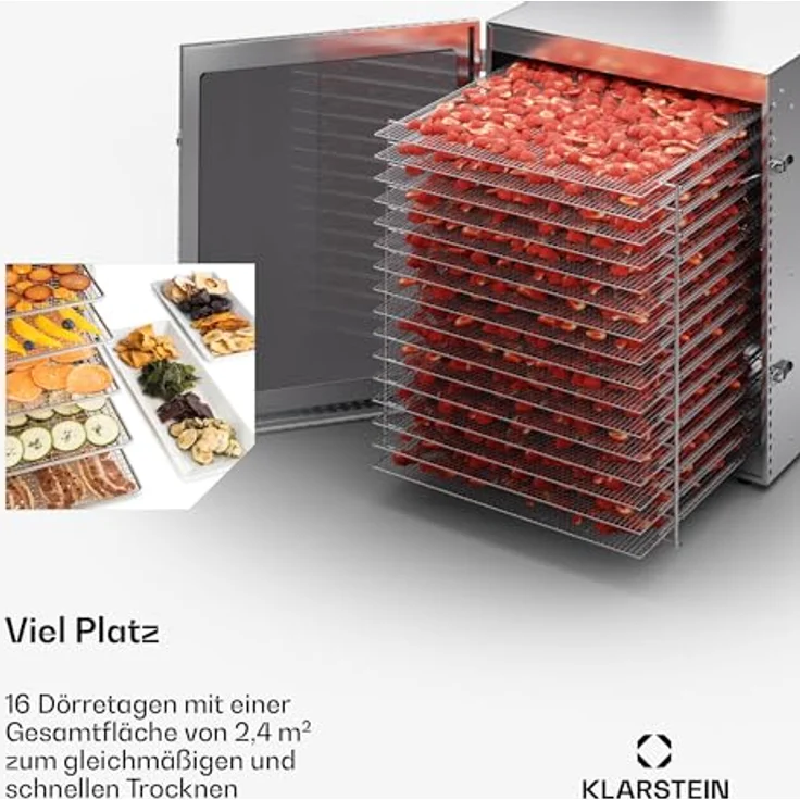 Klarstein Dörrgerät, Dörrautomat für Gemüse, Obst, Pilze & Fleisch, 1500W Edelstahl-Dörrautomat, Trockenautomat mit 16 Metallgitter, Dörrgerät mit 24H Timer & Touch-Display, Food Dehydrator – Bild 3
