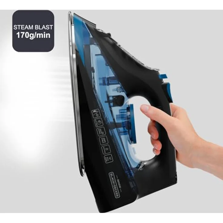 Black+Decker BXIR2605E Dampfbügeleisen, 2600W, 170g/min Dampfstoß, Edelstahlsohle, Anti-Kalk-System, Entfernung von Viren und Bakterien – Bild 3