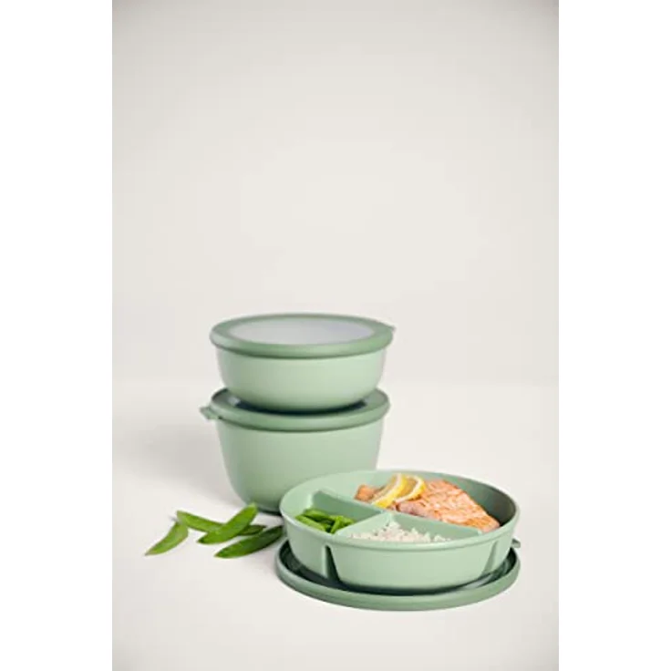 Mepal – Bento-Schüssel, Multischale mit 3 Fächern, rund Cirqula – Frischhaltedose luftdicht – Mahlzeiten getrennt aufbewahren – Meal-Prep-Boxen & Vorratsdosen – 250 ml, 250 ml & 500 ml – Nordic sage – Bild 4