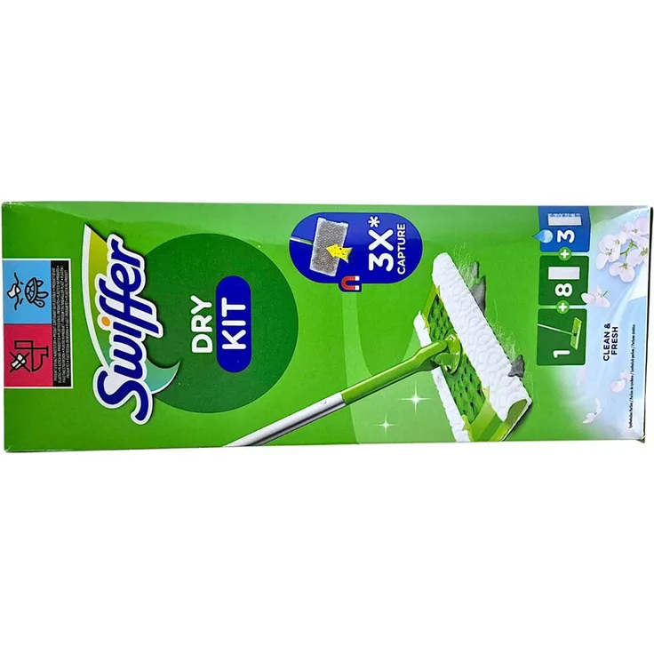 Swiffer Dry Kit Bodenwischer Starterset, inkl. 1 Bodenstab, 8 Trocken- & 3 Wet Tücher für effektive Bodenreinigung