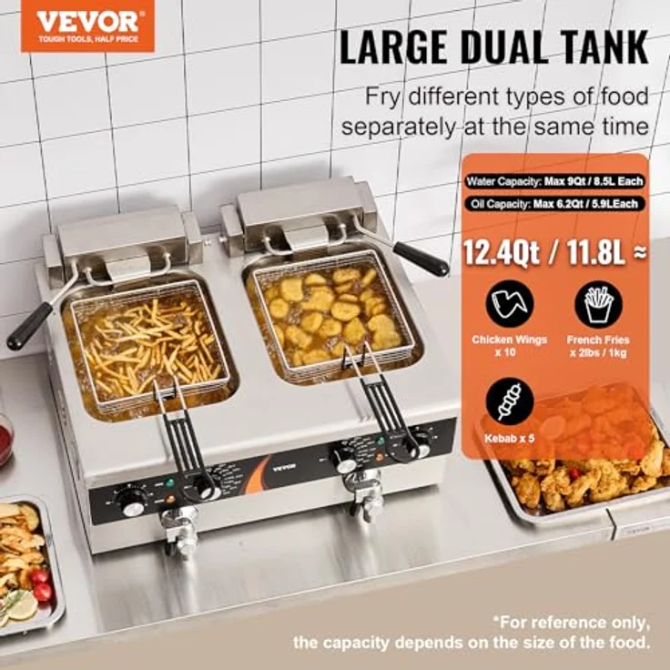 VEVOR kommerzielle Fritteuse elektrische Aufsatzfritteuse, Doppeltank 3000 W x 2, 5,9 L Doppel-Öl-Fritteuse mit 2 Körben verdickter Edelstahl, Zeit- & Temperaturregelung, für Küche Restaurant Café – Bild 2