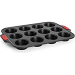 Woll Bakeware Muffinform für 12 Stück, mit hitzebeständigen Silikongriffen bis 230°C, PFAS-frei, zweilagige Antihaftbeschichtung, aluminisierter Stahl, schwarz