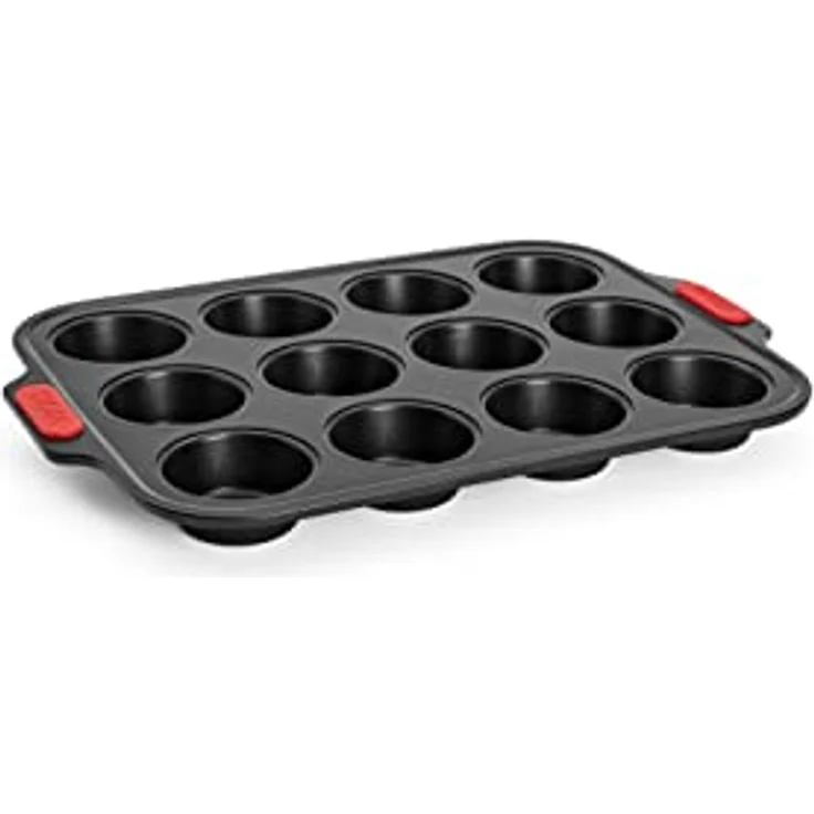 Woll Bakeware Muffinform für 12 Stück, mit hitzebeständigen Silikongriffen bis 230°C, PFAS-frei, zweilagige Antihaftbeschichtung, aluminisierter Stahl, schwarz – Bild 1