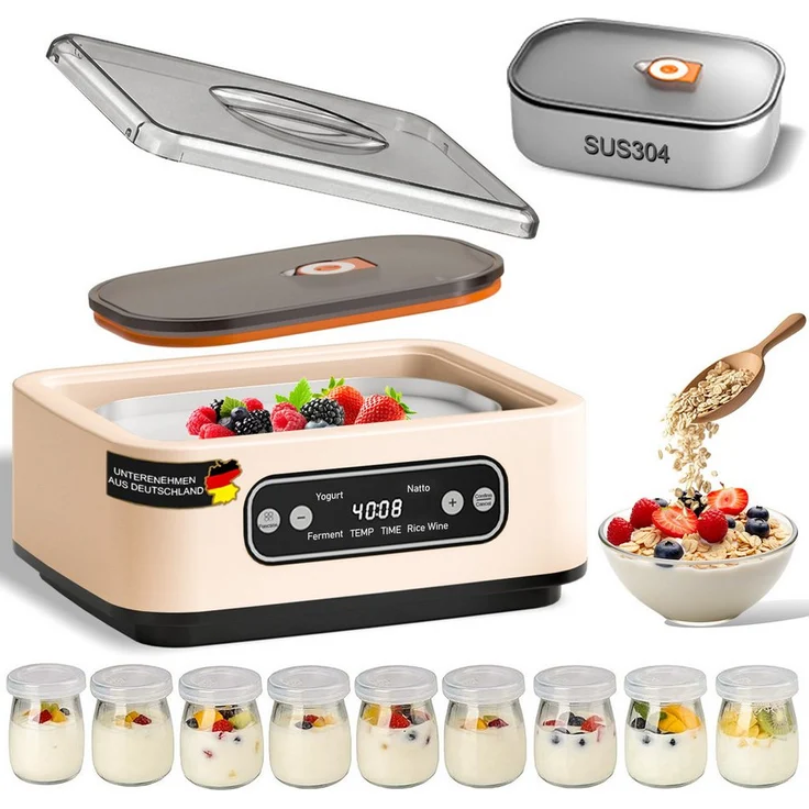 SWGOTA Joghurtbereiter 1,6 L SUS304 Edelstahl, präzise Temperatur- & Timersteuerung, OLED-Display, 9 Borosilikat-Gläser für Joghurt, Natto & Reiswein