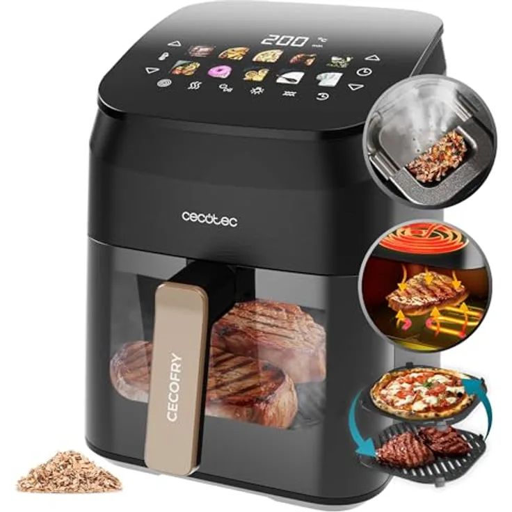 Cecotec Cecofry&Grill Smokin' 4500, Heißluftfritteuse ohne Öl mit 4,5L, 1900W, Temperaturregelung 40-200°C, integriertem Smoker und 10 Menüs