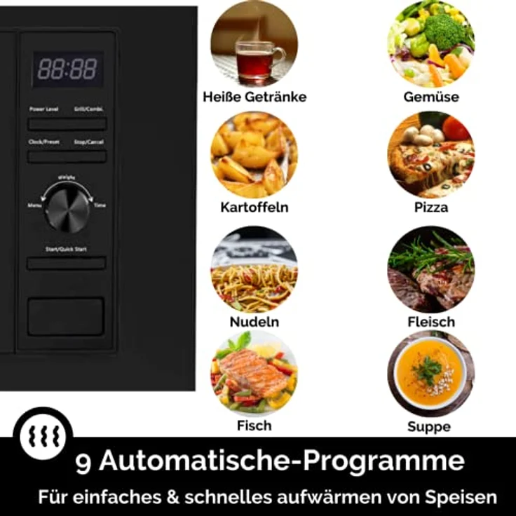 Wolkenstein WMW800-20GB EB Mikrowelle, 2in1 mit Grill, Einbaugerät, schwarz, 800 Watt, 20 Liter Garraum, Edelstahl – Bild 5