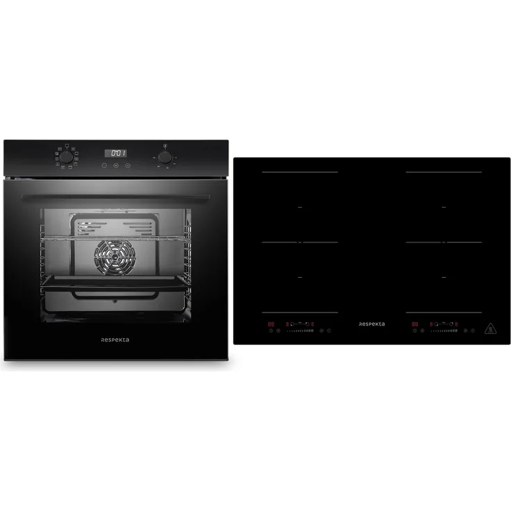 Respekta Julius + Fynn, Backofen Herd Set mit 77cm Induktionskochfeld, 2 Flexzonen, Timer, Schwarz