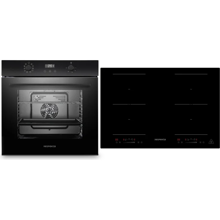 Respekta Julius + Fynn, Backofen Herd Set mit 77cm Induktionskochfeld, 2 Flexzonen, Timer, Schwarz