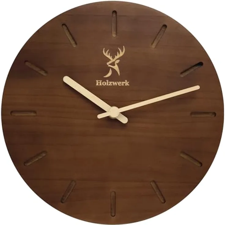 Holzwerk Wanduhr Moderne Designer Holz Quarz Wand Uhr, nahezu lautloses Uhrwerk, 25 cm, Braun/Beige