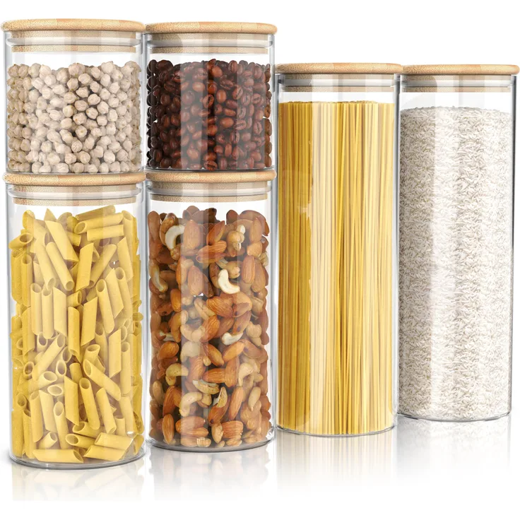 Arendo Vorratsgläser Set mit Bambus Deckel, 6er Set aus Borosilikatglas, luftdicht, mikrowellengeeignet, hitzebeständig, 0,785L, 1,57L & 2,2L