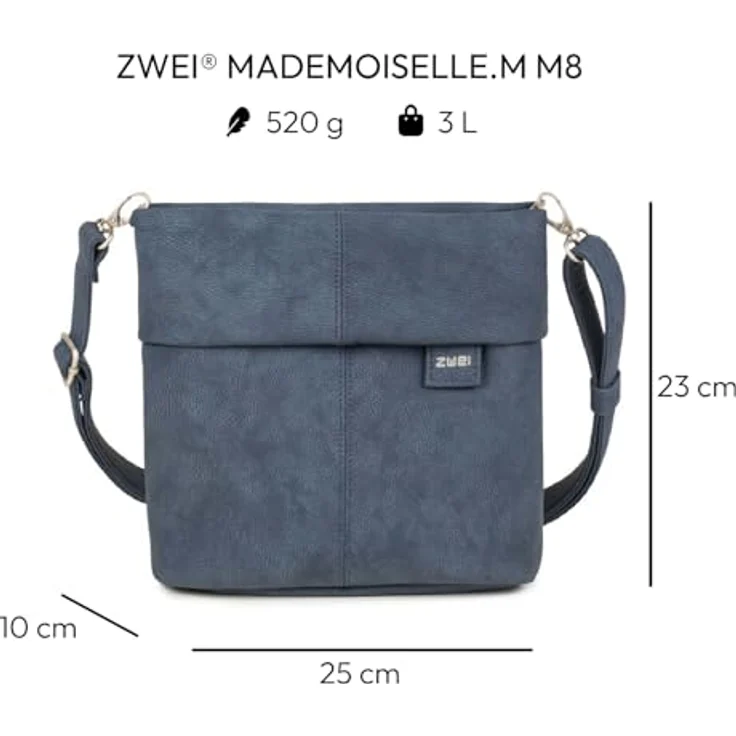 Zwei Mademoiselle M8, Umhängetasche 25 cm aus veganem Kunstleder, nubuk-sky, mit praktischer Innenaufteilung und zwei austauschbaren Schultern. – Bild 2