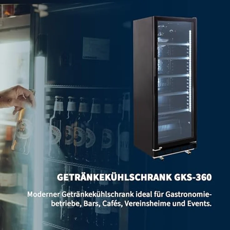 GastroHero Getränkekühlschrank GKS-360, 360 Liter, schwarz, abschließbare Glastür, temperaturregelbar 0 °C bis +8 °C, 5 höhenverstellbare Böden – Bild 8