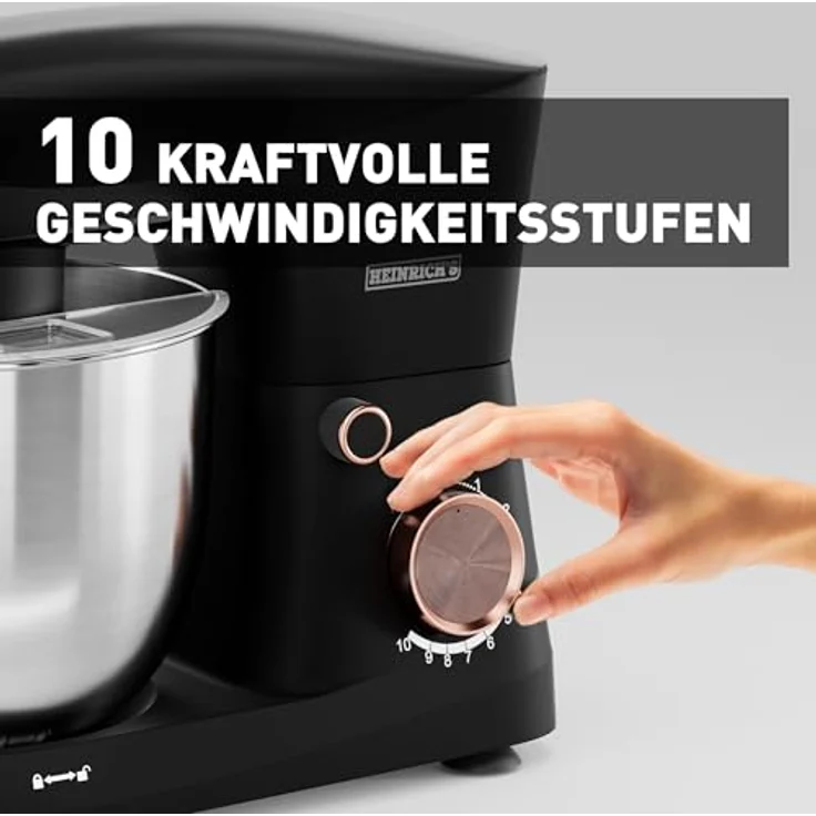 Heinrich's HKM 8077, Küchenmaschine mit 1500W Motor, 10 Geschwindigkeiten, 6L Edelstahlschüssel, geräuscharm, schwarz – Bild 3