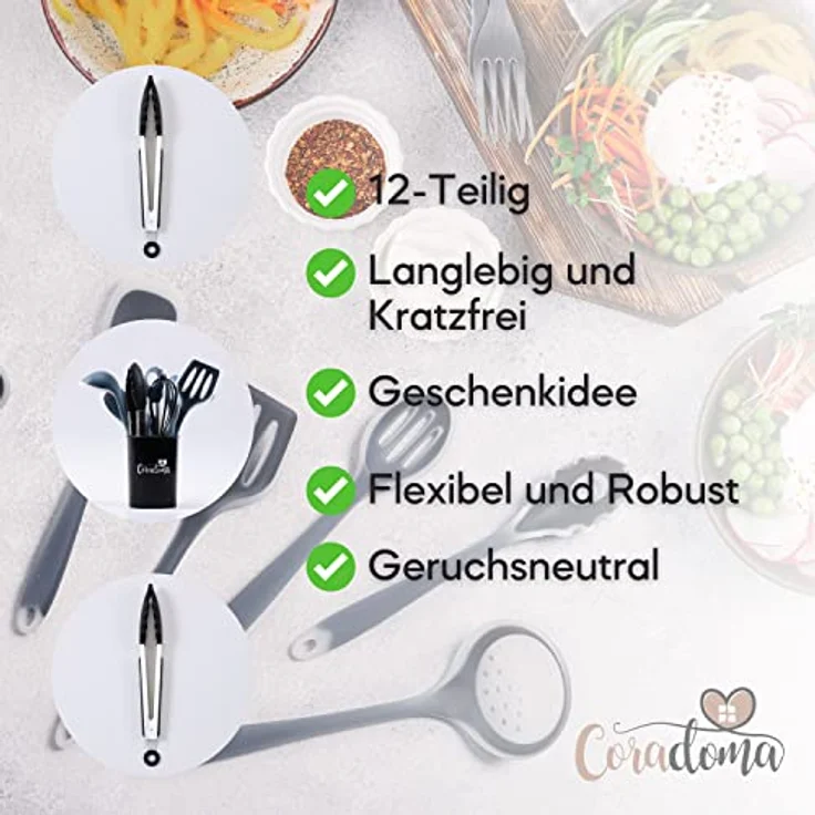 Coradoma Silikon Geschirrset Küche | Küchenutensilien 12-teilig Küchenhelfer Set mit Pfannenwender, Schneebesen, Kochlöffel, Suppenkelle | Kochbesteck Kochgeschirr Haushaltshelfer Küchenzubehör – Bild 4