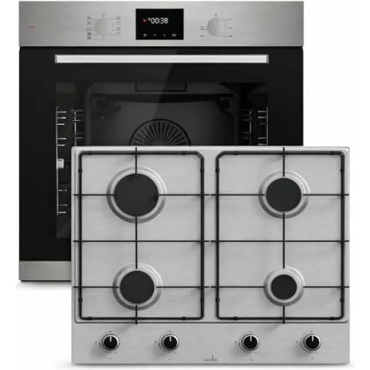 Böhme Einbaubackofen HB60F78PPX, Edelstahl mit Heißluft, 78L, versenkbare Knebel, Timer & Gasline Gaskochfeld 60 cm, 4 Brenner, LPG & Erdgas