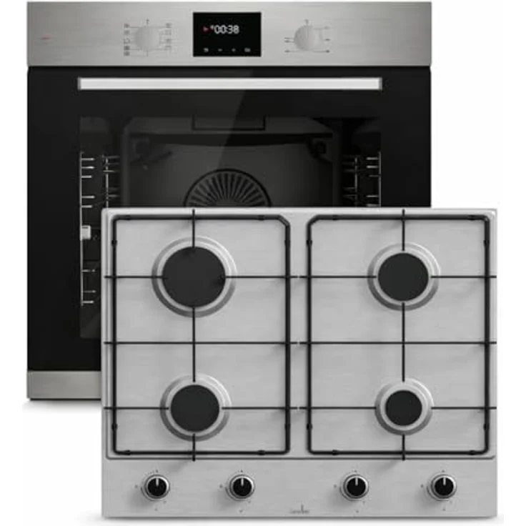 Böhme Einbaubackofen HB60F78PPX, Edelstahl mit Heißluft, 78L, versenkbare Knebel, Timer & Gasline Gaskochfeld 60 cm, 4 Brenner, LPG & Erdgas – Bild 1