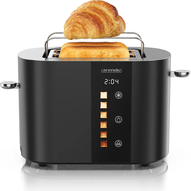 Arendo Toaster 2 Scheiben, Edelstahl, 800W, Display mit Restzeitanzeige, Brötchenaufsatz, Defrost Funktion, Wärmeisolierendes Gehäuse, Touch Display, schwarz