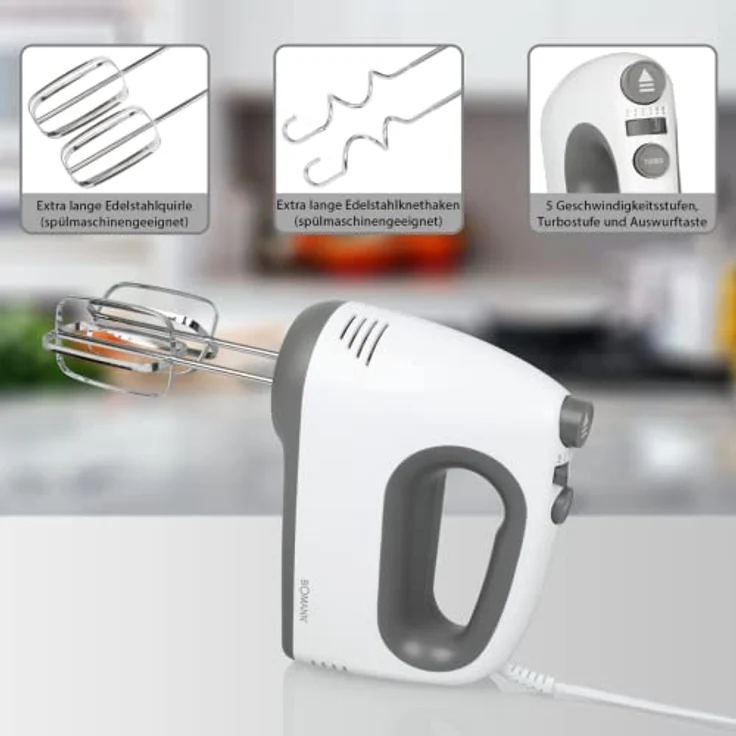Bomann HM 6054 CB Handmixer, 400 Watt, 5 Geschwindigkeitsstufen, Turbostufe, Kunststoff, weiß, grau – Bild 4