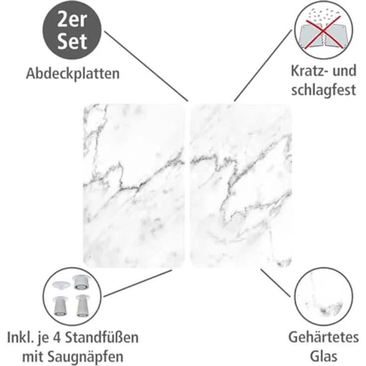 Wenko Herdabdeckplatte Universal Marmor, 2er Set Herdabdeckung für alle Herdarten, Gehärtetes Glas, 30 x 52 cm, mehrfarbig – Bild 2