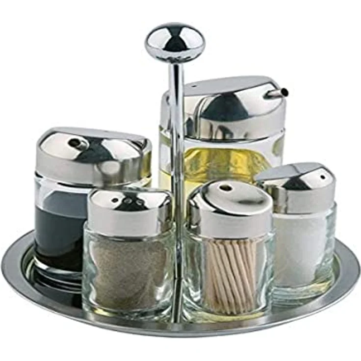 APS Menage, Essig- und Öl Set, Tischgestell für Salz, Pfeffer, Essig, Öl, Zahnstocher, drehbares Gestell, Glasbehälter mit Edelstahl-Deckel und Drehverschluss, 16 x 16 cm, 20 cm Höhe – Bild 2