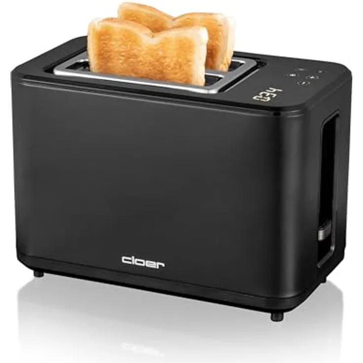 Cloer 3930 Digitaler Toaster für 2 Scheiben, Touch-Funktion, 750-900 W, Restzeitanzeige, Auftaufunktion, Wiederaufwärmfunktion, Brötchenaufsatz, 7 Bräunungsstufen, Krümelschublade, schwarz