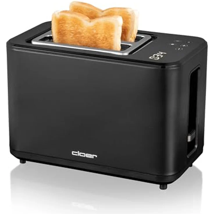 Cloer 3930 Digitaler Toaster für 2 Scheiben, Touch-Funktion, 750-900 W, Restzeitanzeige, Auftaufunktion, Wiederaufwärmfunktion, Brötchenaufsatz, 7 Bräunungsstufen, Krümelschublade, schwarz – Bild 1
