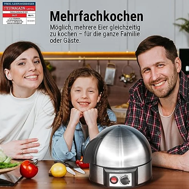 Clatronic EK 3321 Eierkocher mit Härtegradeinstellung (7 Eier), akustisches Endsignal, Messbecher mit Eipicker, 400 Watt, Inox – Bild 6