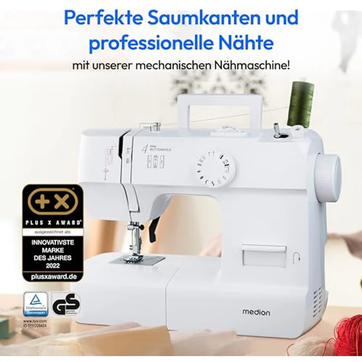 Medion® Freiarm-Nähmaschine MD 11179, 12 Stichmuster, 4 Schritte Knopfloch, 12 Programme, Vertikales Spulsystem, LED Nählicht, Integrierter Fadenschneider, Weiß – Bild 2