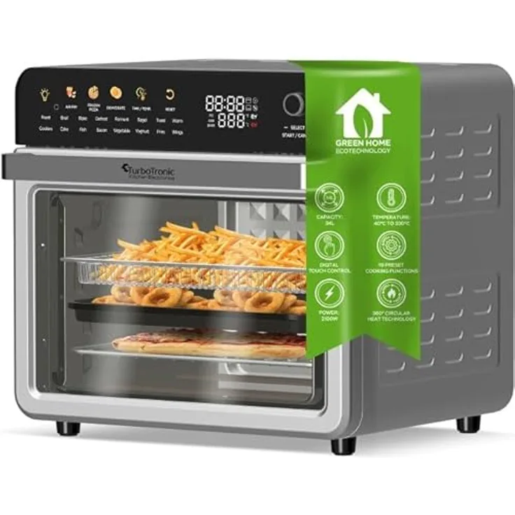 TurboTronic Multi-Smart-Ofen 19in1, Heißluftofen & Heißluftfritteuse 2100W, 34L mit Dörrfunktion, Edelstahl, 40-230°C Grill Airfryer Dörrautomat